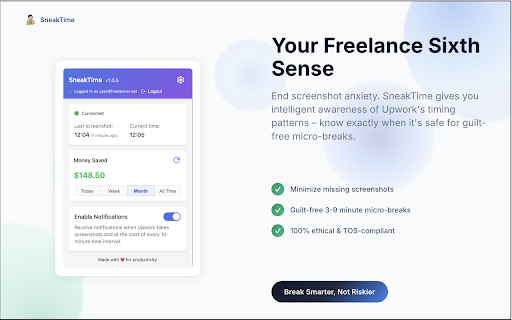 SneakTime — Screenshot Notifier for Upwork :: Time tracking notifications for Upwork freelancers – ethical alerts for screenshots, safe breaks, and savings.