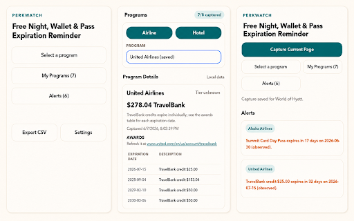 PerkWatch - Travel perk reminder :: Sign in on a supported airline or hotel account page, then open PerkWatch to capture perks, balances, and upcoming expirations.