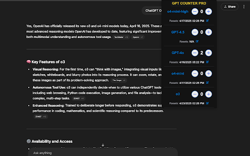 GPT Counter Pro :: Tracks requests to models on chatgpt.com and displays usage count in a popup.