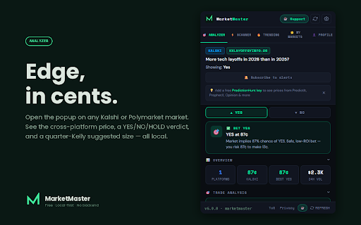 MarketMaster — Kalshi & Polymarket Edge Scanner + Arbitrage :: Free Kalshi & Polymarket arbitrage scanner — cross-platform edge, Kelly sizing, live positions, no backend, no paywall.