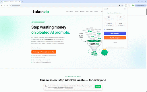 tokenzip :: Save 30–85% of your AI tokens automatically. Same answers, lower cost.