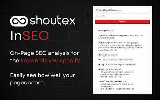 ShoutEx InSEO :: Analyze any page’s SEO with ShoutEx InSEO: A fast, light Chrome extension scoring titles, tags, links & more. AI insights soon.