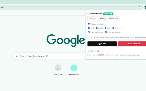 API Sniffer Pro :: Capture, search, export, and replay API calls (fetch & XHR). Live view, filters, curl export, sessions, dark mode.