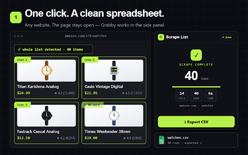 Grabby: Web Scraper & Data Extractor :: Free no-code web scraper & data extractor. Scrape any website's lists, tables, emails & images to Excel, CSV, JSON or Sheets.