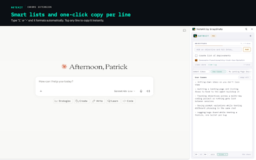 NoteKit by SnapShotz :: A persistent notepad and objectives checklist at the browser level. Stays open across every tab. Local, no account.
