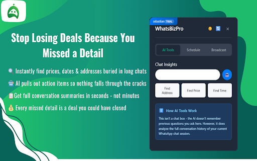 WhatsBizPro :: Enhance WhatsApp Web with business features like broadcast messaging, AI writing assistant, and message scheduling.