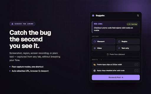 Buggake :: Capture screenshots, region crops, or short videos of bugs and post them as a single AI-refined comment to a Jira Cloud ticket.