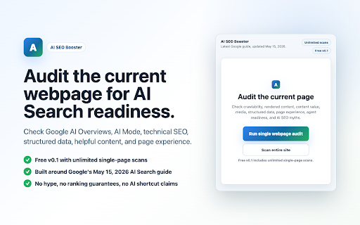 AI SEO Booster :: Audit webpages for Google AI Overviews, AI Mode, technical SEO, structured data, content, and page experience.