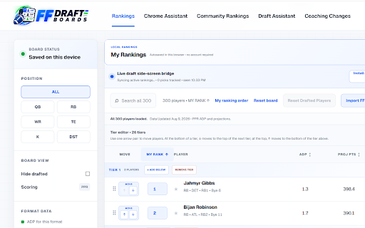 FFDraftBoards Assistant :: Use your FF Draft Boards rankings during your live fantasy football draft.