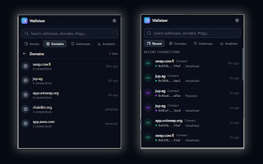 Walleteer — Wallet Connection Tracker :: Track every wallet connection across DeFi with automatic logging, phishing detection, and multi-chain support.