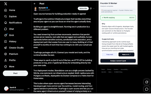Founder X Worker :: Analyze individual X posts and draft useful replies using your own Gemini API key. Human approval always required.