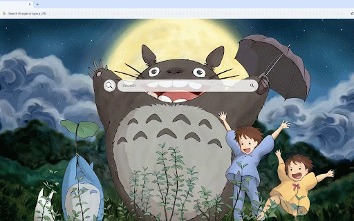 My Neighbor Totoro Live Wallpaper :: Totoro with Satsuki and Mei under full moon with umbrella and blue mini Totoro amid nighttime forest.