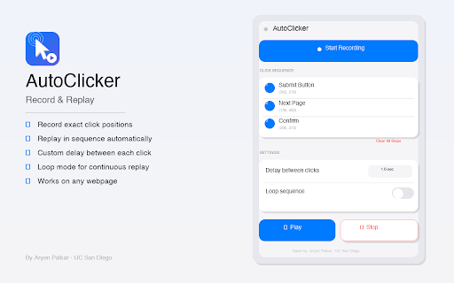 AutoClicker: Record & Replay :: Record click sequences on any webpage and replay them automatically. Set delays, loop, and reorder steps — no coding needed