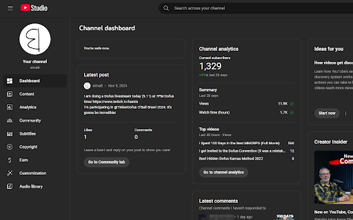 Remove 1 of 10 :: Removes the "Latest video Performance" section in Youtube Studio. Because I care about your mental health.