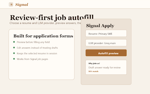 Signal Apply Companion :: Review-first autofill for Signal job applications.