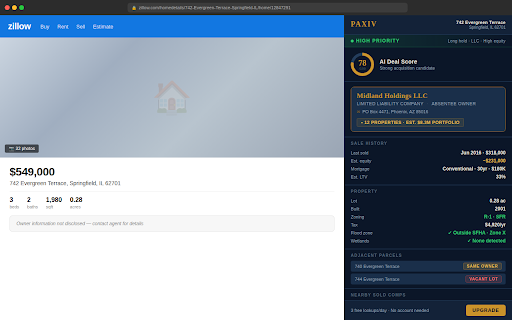 PAXIV — AI Land Intelligence :: See who owns any property — owner data, deal scores, zoning, and flood risk — right on any listing site.