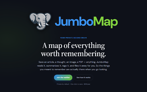 JumboMap — A map of everything worth remembering :: Save webpages, articles, images, and thoughts to JumboMap — a map of everything worth remembering.
