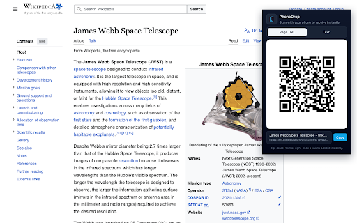 PhoneDrop — Send to Phone via QR :: Send the current page, selected text, or a custom message to your phone in one click — just scan the QR code.
