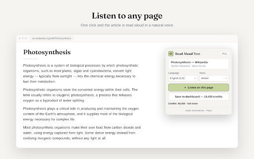 Read Aloud Text - A Text to Speech Reader :: Listen to any web page in a natural voice with word-by-word highlighting, or save it to your dashboard to listen later.