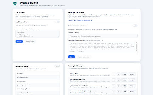 PromptMate :: Privacy-first AI toolkit: mask sensitive data before pasting, enhance prompts, and manage reusable prompt snippets.