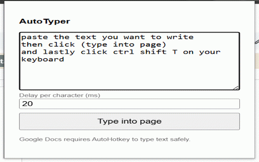 Auto Typer :: Auto Typer types text automatically. Works on websites and Google Docs via AutoHotkey.