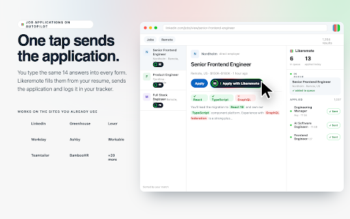 LikeRemote — Autofill Job Applications, Remote Jobs & Job Match :: Autofill job applications from your saved profile. Lever, Workable, Ashby, LinkedIn and more.