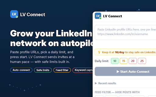 LV Connect :: Auto-send LinkedIn connections, hide video/image/promoted feed posts, and capture leads by keyword. By LinkedVue.