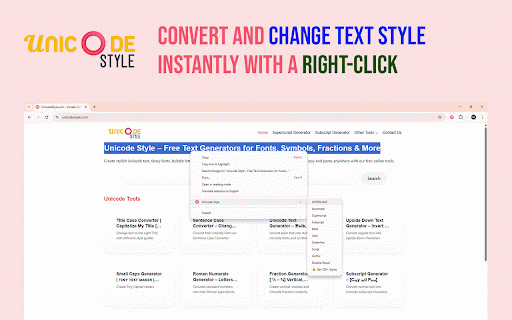 Unicode Style – Fancy Text Generator, Stylish Fonts & Case Converter :: Convert text into fancy Unicode styles instantly. Use right-click to apply stylish fonts, bold, italic, superscript and more.