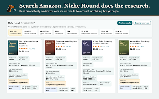 Niche Hound – KDP Book Research: BSR, Sales & Keywords on Amazon :: Automatic Amazon book research for KDP: BSR for every edition, estimated sales and royalty ranges, Kindle Unlimited and keywords.