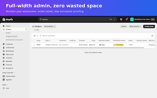 AdminBoost: Full-Width, Order Filters & Counts for Shopify :: Fix Shopify's admin: full-width layout, one-click order filters, and live order/product counts. 100% free.