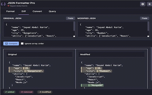 JSON Formatter Pro :: Format, validate, diff JSON with tree view, query, convert & 60+ themes. The ultimate JSON toolkit for developers.
