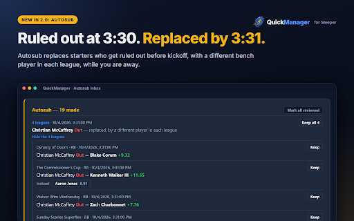 QuickManager: Fantasy for Sleeper :: Manage every Sleeper fantasy football league at once: autosub, lineup optimizer, live scoreboard, waivers, trades, power rankings.