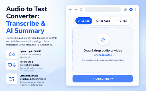Audio to Text Converter: Transcribe & AI Summary :: Transcribe audio/video up to 500MB, paste media links, record tab or mic audio, and get transcripts with AI summaries.