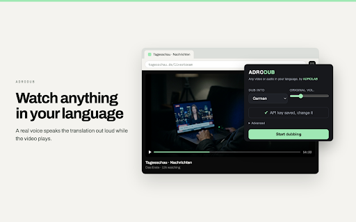ADRODUB :: Any video or audio in your language. Real-time AI dubbing of anything playing in Chrome. By ADROLAB.