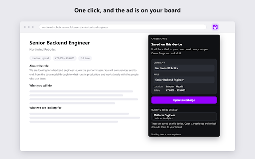 Save to CareerForge :: Save a job ad to your CareerForge board in one click. Everything you save is encrypted on your device first.