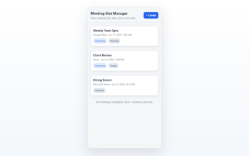 Meeting Slot Manager :: Store and manage meeting links with date, time, and notes.