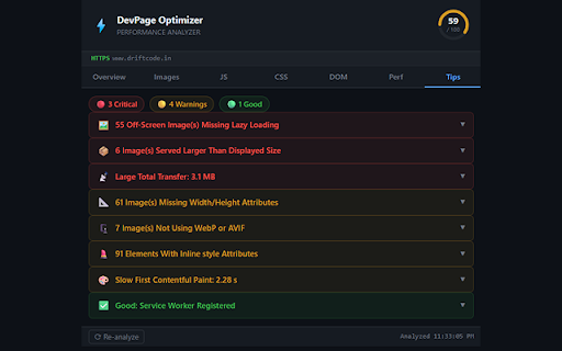 WebPage Performance Analyzer :: Developer productivity tool for analyzing page performance, bundle size, images, JavaScript, CSS, and DOM efficiency.
