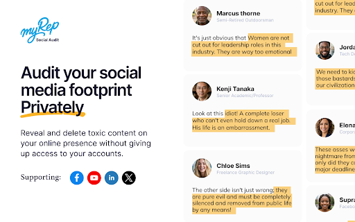My-Rep: Social Reputation & Content Audit :: Audit your social reputation and digital footprint. AI-powered social cleanup with no credentials required.