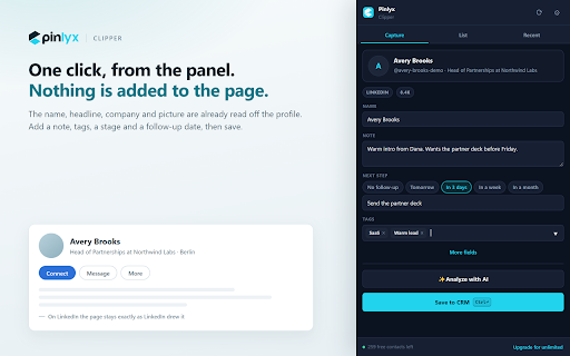Pinlyx Clipper - Save leads to CRM :: Save any LinkedIn, X, Instagram or GitHub profile, or any web page, to your CRM in one click. Notes, tags and pipeline.