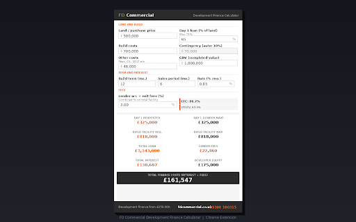 FD Commercial Development Finance Calculator :: UK development finance calculator. Models day 1 land loan, staged drawdowns, rolled-up interest and LTC/GDV caps. By FD Commercial.