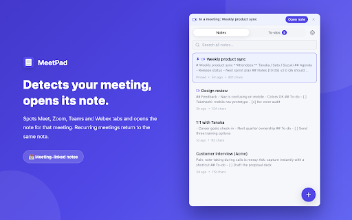 MeetPad — Meeting Notepad :: A fast, private side-panel scratchpad for web meetings. Jot notes, action items, and timestamps — saved locally, never uploaded.