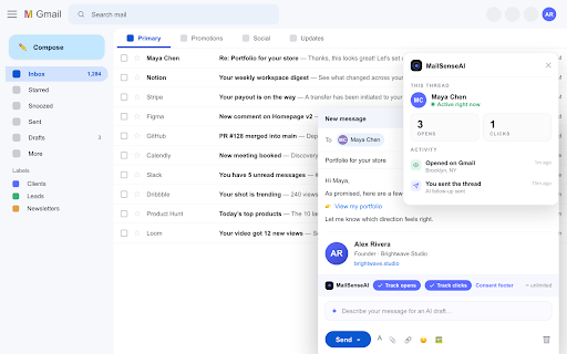 MailSenseAI — Email Tracker for Gmail :: Free email tracker for Gmail. Real-time read receipts for opens, clicks & replies. No signature or branding on your emails, ever.