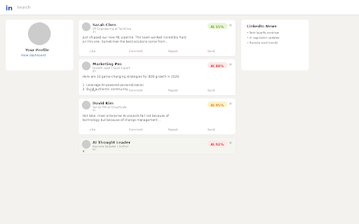 LinkedIn AI Post Detector :: Detects AI-generated posts in your LinkedIn feed using Claude Haiku scoring. BYOK.