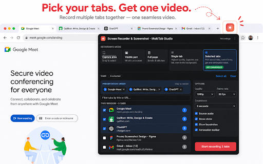 Screen Recorder & Screenshot - MultiTab Studio :: Record one tab, several tabs, a window or your whole screen as one continuous video. Plus region screenshots with a full editor.