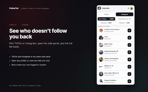 FollowTok - Unfollow Tracker for TikTok & Instagram :: See who doesn't follow you back on TikTok and Instagram, checked in your own browser. No password, no upload.