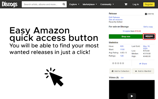 Discogs Amazon QuickSearch Button :: Enhance your Discogs experience with a convenient Amazon search button on release pages for quick and easy searches.