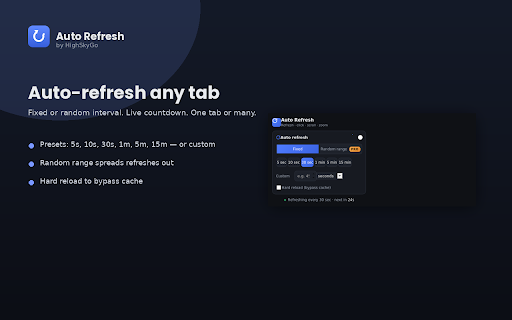 Auto Refresh :: Auto-refresh tabs on a timer, plus auto-click, auto-scroll and zoom. Per-tab control, pauses on verification pages.
