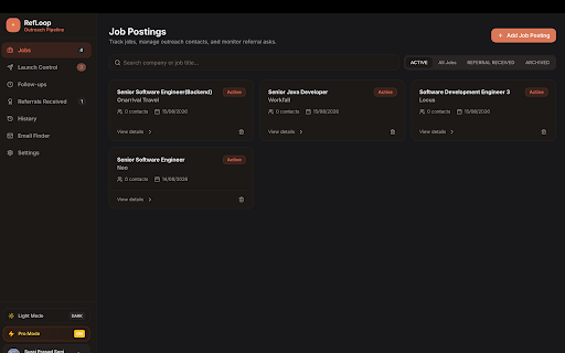 RefLoop — LinkedIn Referral Tracker :: Track your referral outreach pipeline. Log jobs, manage contacts on LinkedIn and Email, and never miss a follow-up.
