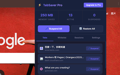 TabSaver Pro - Tab Manager & Saver :: Suspend tabs & free RAM with smart tab management. Auto-save sessions, whitelist sites & boost browser speed.