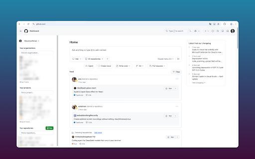 Better GitHub Home :: Adds organizations and Projects v2 panels next to the github.com home feed, with hide/reorder and hover prerendering.